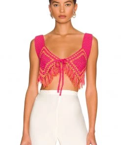 Best Pirce 🤩 Camila Coelho Mira Hand Crochet Fringe Top In Raspberry & Orange 💯