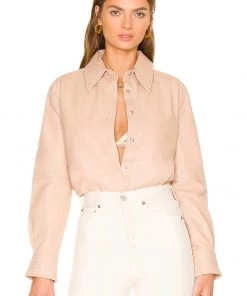 Budget 👏 Camila Coelho Louie Leather Button Down In Nude ✨
