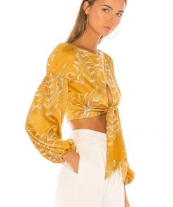 Top 10 ⌛ Camila Coelho Marcia Top In Gold Tropical 🌟 -Camila Coelho Store COEL WS26 V2